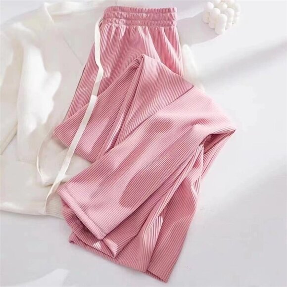 Women Straight Trousers P/M Pink Wide Leg Adjustable Drawstring Elastic Waist - Picture 1 of 6